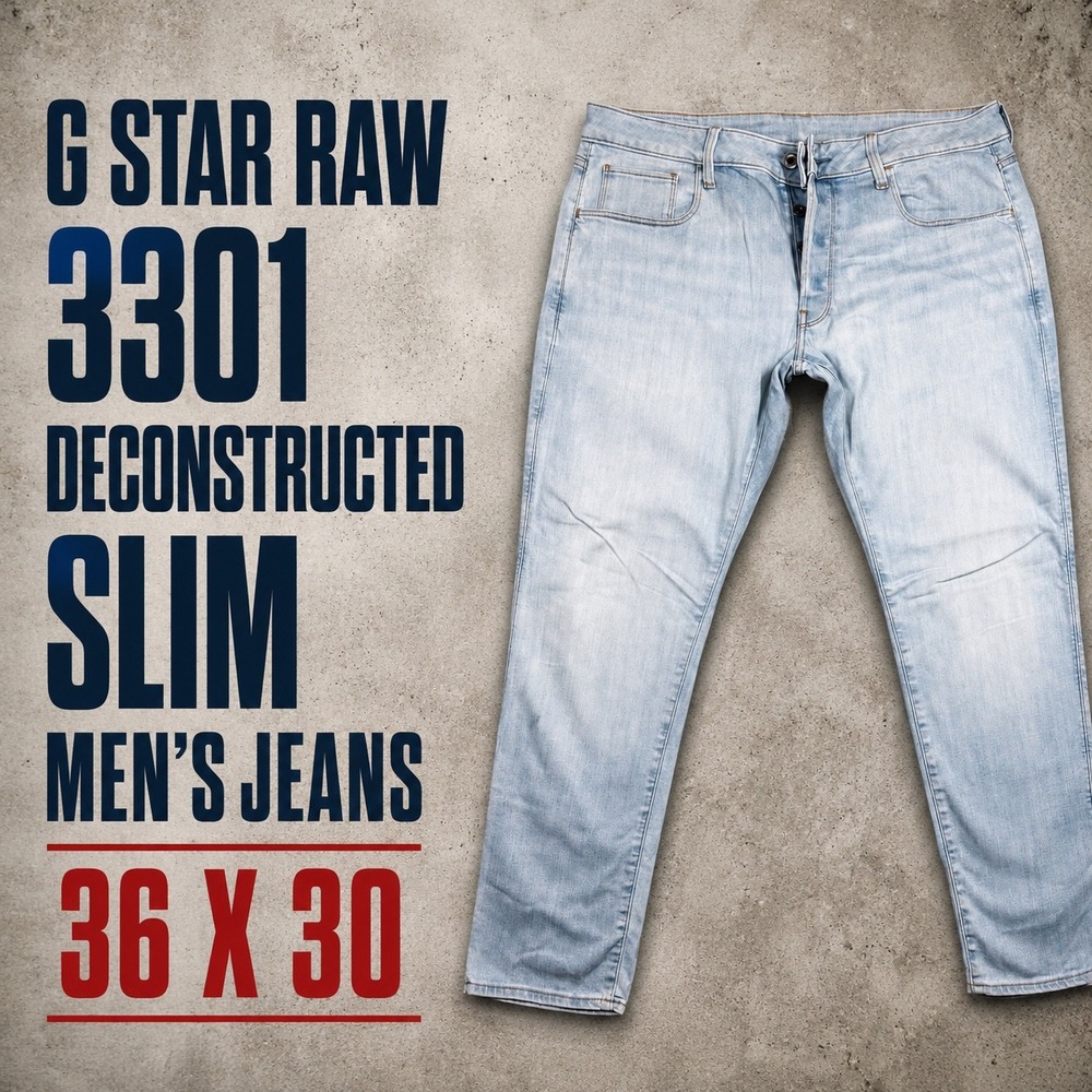 G Star Raw 3301 Deconstructed Slim Mens Jeans 36x30 Light Wash Blue D05702